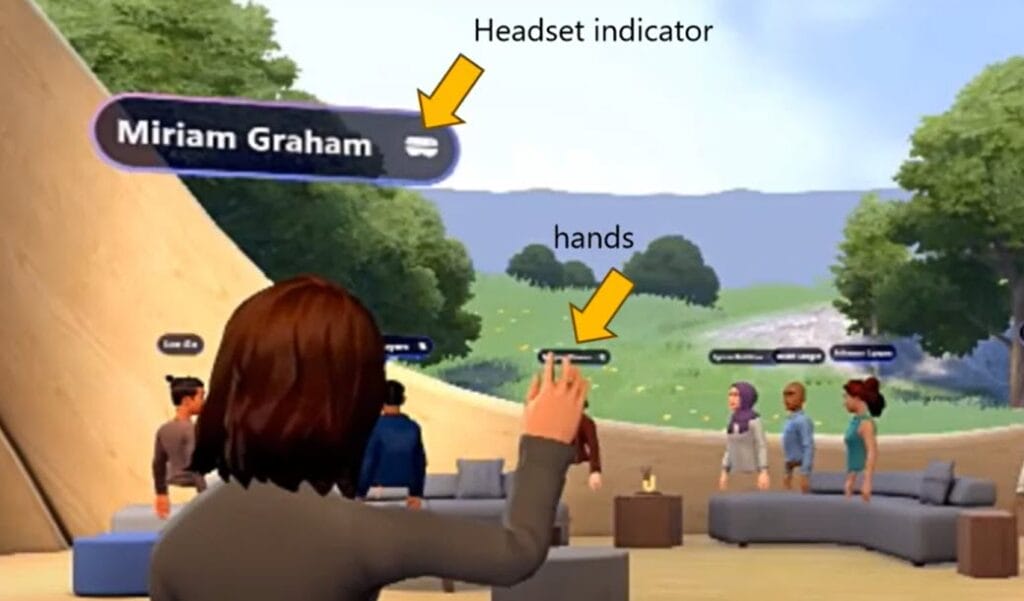 Screenshot aus einem immersiven Space, in welchem neben dem Namen der Person auch ein kleines weisses Headset-Icon eingeblendet wird.