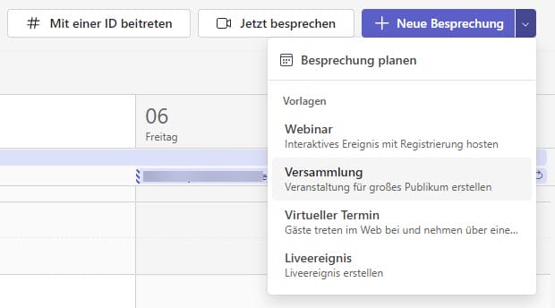 Screenshot aus Microsoft Teams: Im Kalender eine neue Town Hall-Veranstaltung erstellen