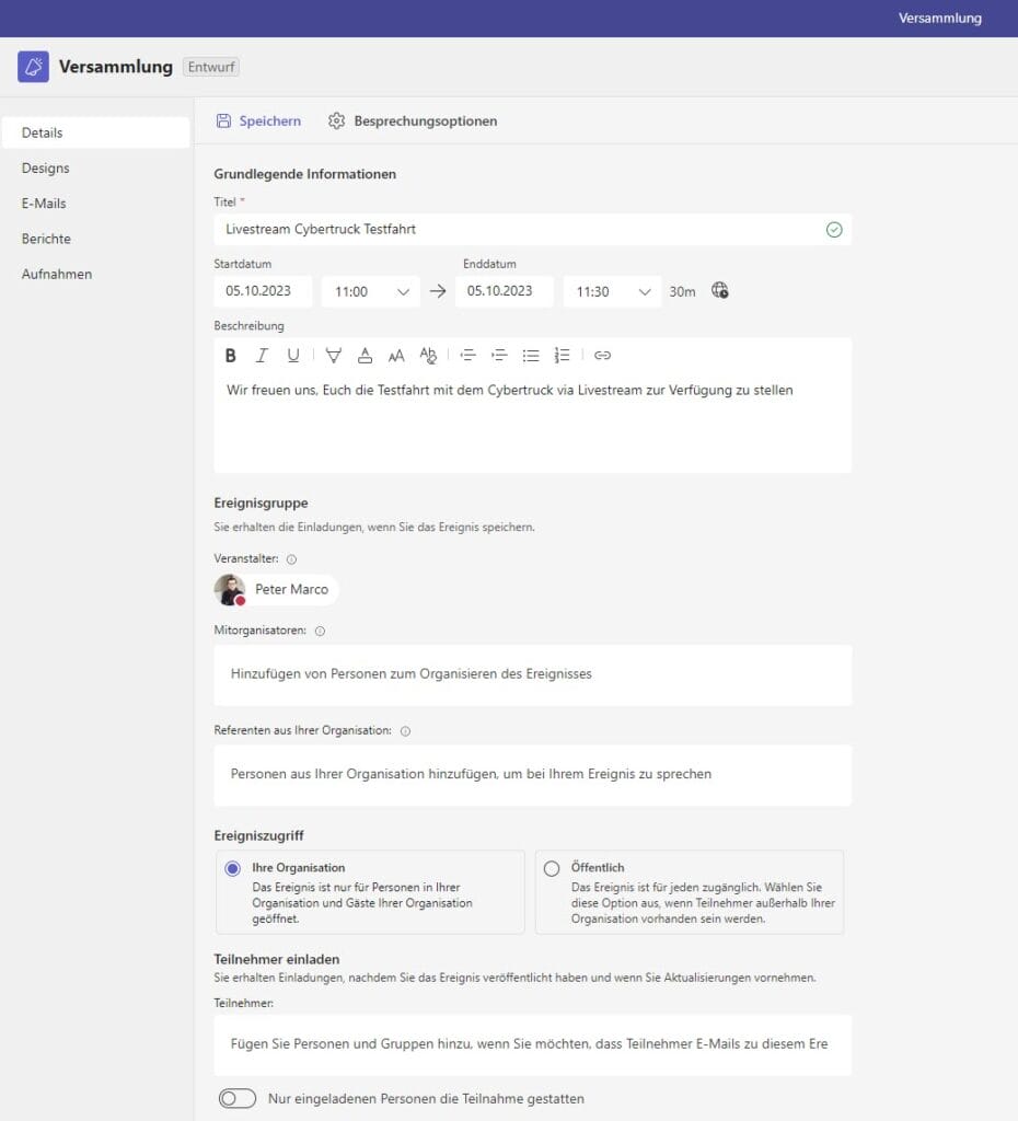 Screenshot aus Microsoft Teams: Details und Einstellungen beim Erstellen einer neuen Townhall-Veranstaltung