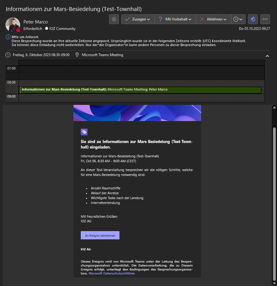 Screenshot aus Microsoft Teams Town Halls: Automatisch generierte Einladungsmail