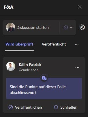 Screenshot aus Microsoft Teams Town Halls: Moderierte Frage zur Überprüfung und Freischaltung