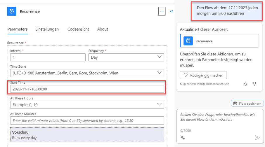 Screenshot aus Power Automate: Anpassung des Ausführungsintervalles mittels Instruktion in der Copilot-Sidebar