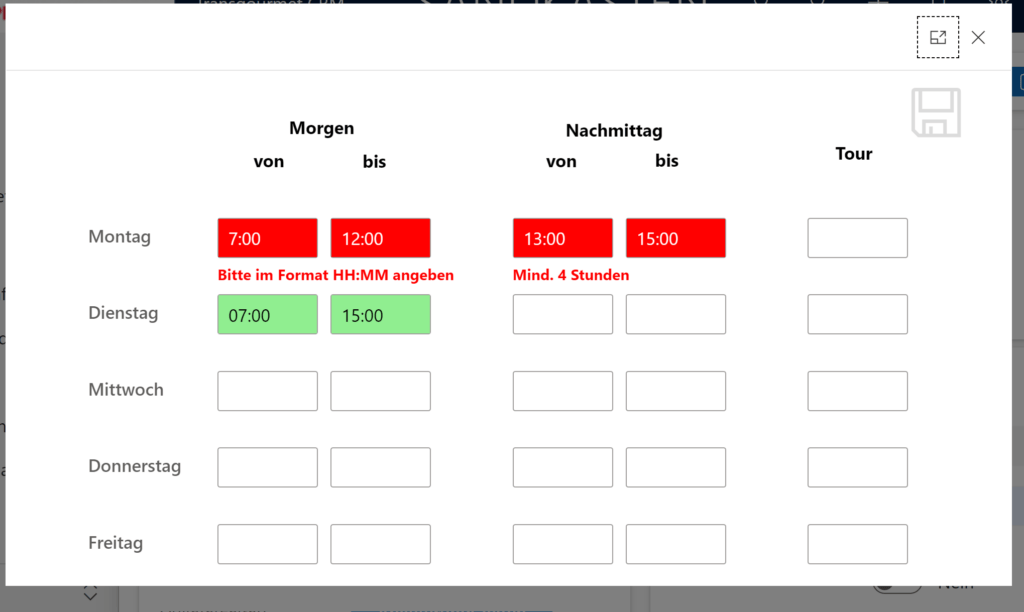 Screenshot der Tabelle mit rot markierten Feldern, in welchen falsche Zeitformate verwendet wurden