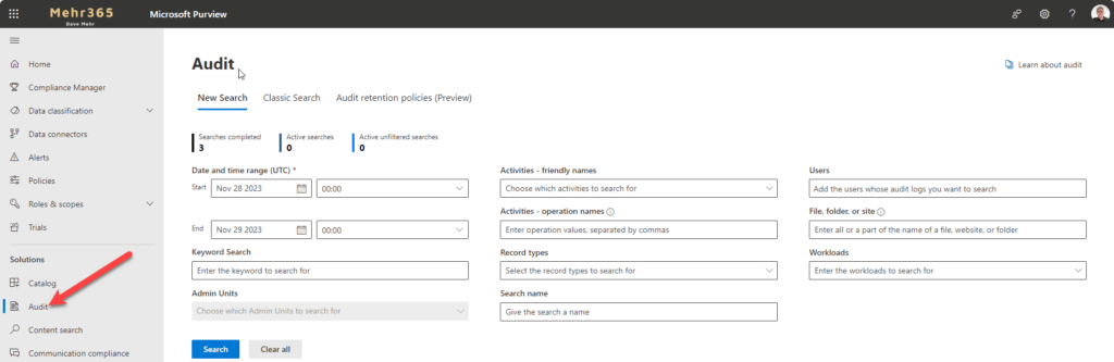 Screenshot aus Microsoft Purview: Filtermöglichkeiten nach Zeitraum, Aktivität, Schlüsselbegriffen, Usern, etc, um den eigenen M365 Mandanten auditieren zu können.