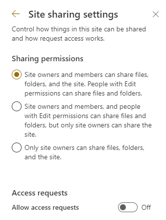 Screenshot der Site sharing Einstellungen aus SharePoint: Einschränkung der Sharing Permission.