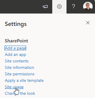 Screenshot aus SharePoint: Report zur Webseitenverwendung direkt über das Einstellungs-Menu in der Top-Navigation abrufen