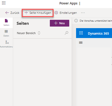 Screenshot aus Power Apps, welcher den Button +Neue Seite hinzufügen zeigt