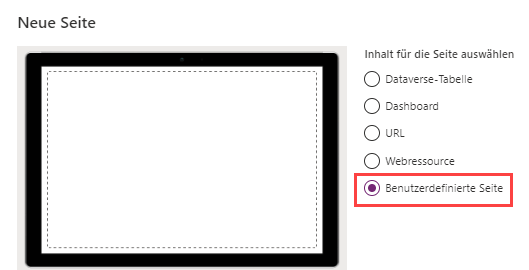 Screenshot aus Power Apps, auf welchem die Inhaltstypen für die neue Seite aufgelistet sind: Dataverse-Tabelle, Dashboard, URL, Webressource und Benutzerdefinierte Seite