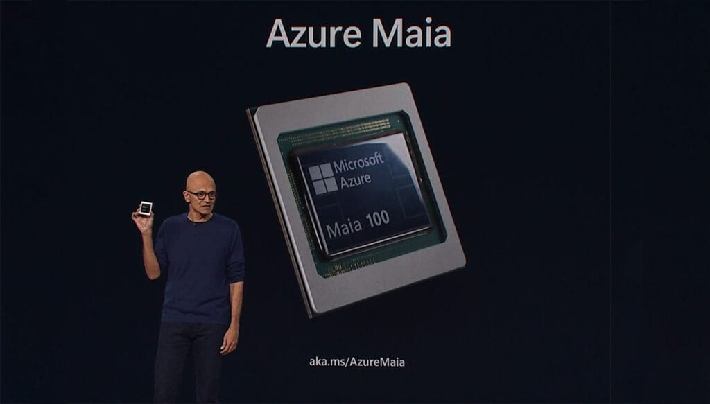 Titelbild: Satya Nadella an der Ignite im November 2023 mit dem Chip Azure Maia 100 in der Hand