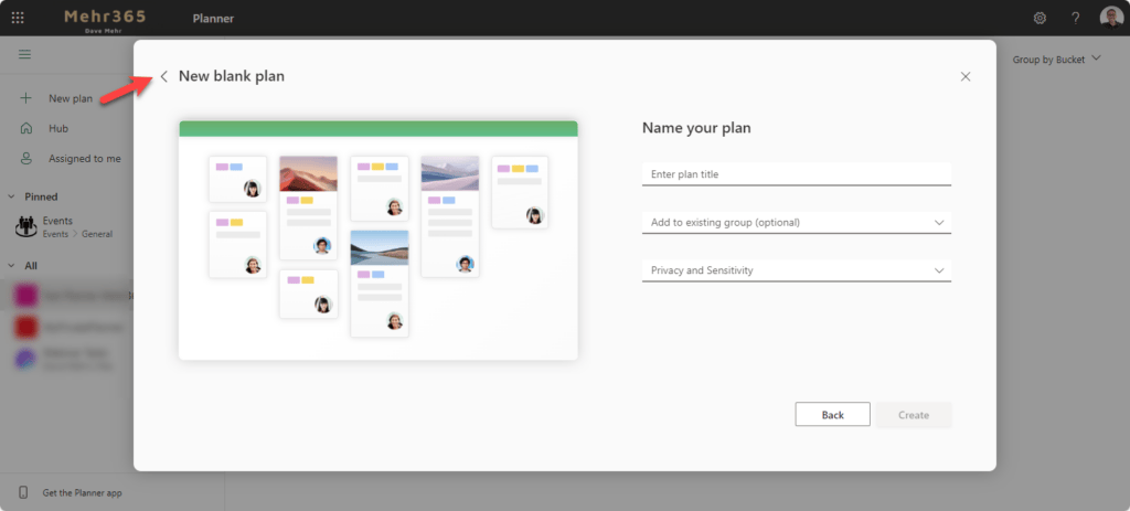 Screenshot aus Microsoft Planner: Anlegen eines neuen Plans