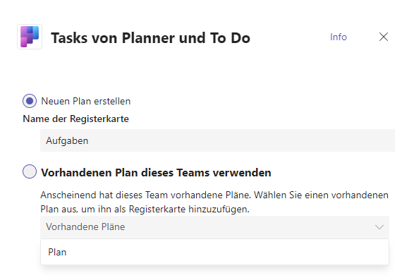 Plan in Teams erstellen oder vorhandenen verwenden