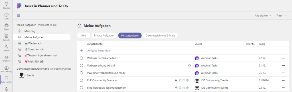 Screenshot aus Microsoft Teams mit der App «Tasks von Planner und To Do», in welcher alle Aufgaben gesammelt dargestellt werden.