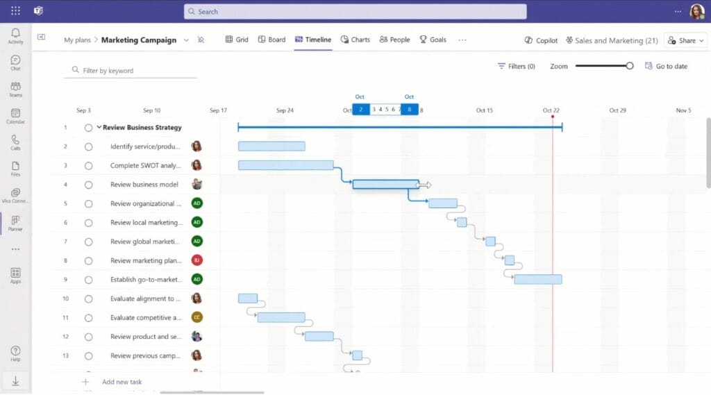 Screenshot aus dem neuen Planner 2024 mit der GANTT-Ansicht