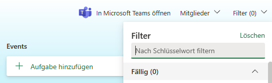Screenshot aus Microsoft Planner: Im Dropdown-Menu [Filter] ist ein Suchfeld verfügbar. 