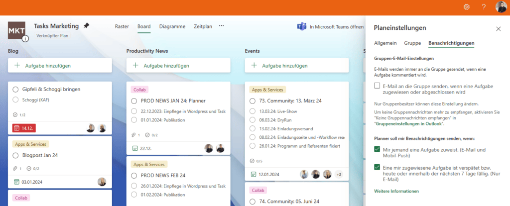 Screenshot aus Microsoft Planner mit geöffneten Planeinstellungen. Hier befinden sich die Benachrichtigungseinstellungen.