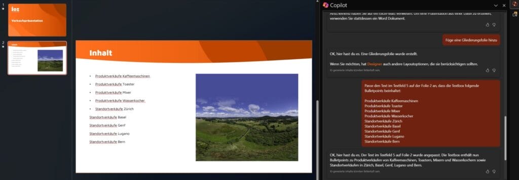 Screenshot aus PowerPoint: Copilot erstelle und modifiziert eine Inhaltsfolie anhand eines Prompts, welcher präzis ist und die Titel der Elemente auf der Folie genau benennt.