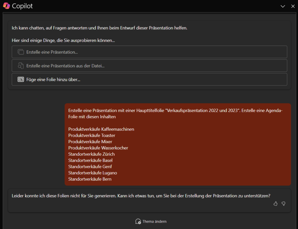 Screenshot aus PowerPoint: Copilot kann Folien nicht erstellen, um die ich ihn gebeten habe.