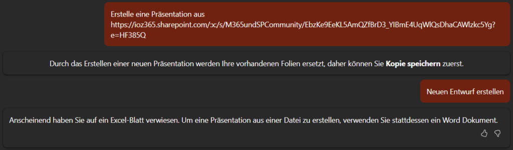 Screeshot aus PowerPoint: Copilot erstellt keine Präsentation anhand eines Excel-Files.