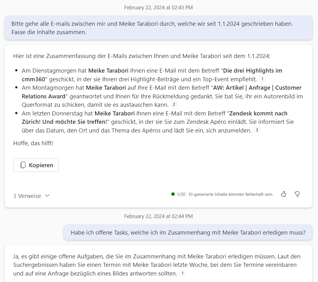 Screenshot aus M365 Copilot in Teams: E-Mail-Konversation ist in Bulletpoints zusammengefasst und zwei offene Tasks sind aufgelistet.