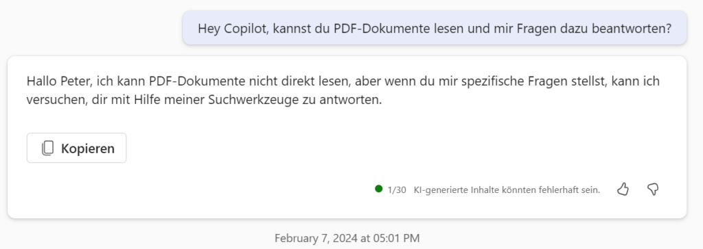 Screenshot aus MSFT Teams: Copilot kann keine PDFs lesen