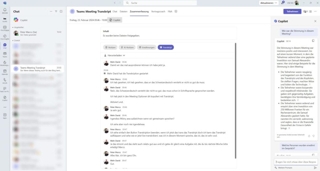 Screenshot aus MSFT Teams: Meeting Transkript befragen