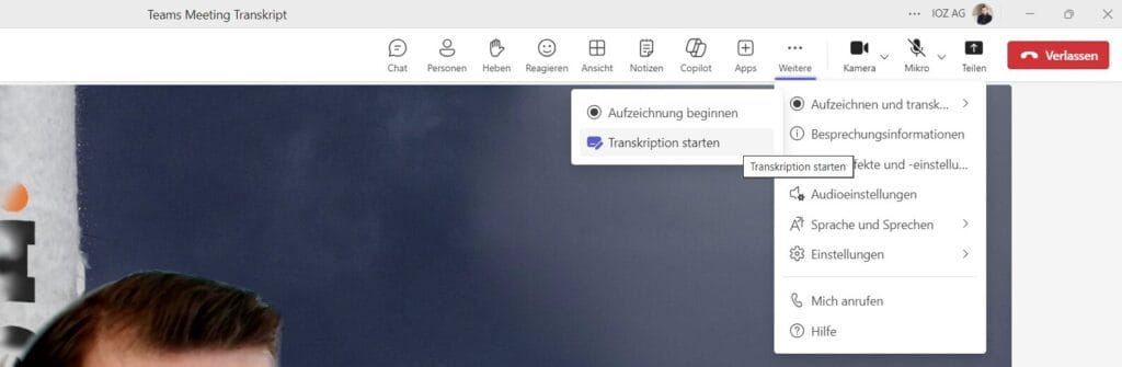 Screenshot aus Microsoft Teams: Transkription starten