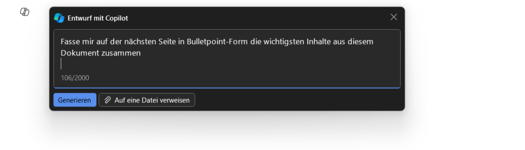 Screenshot aus Word: Copilot Prompting-Box mitten im Dokument