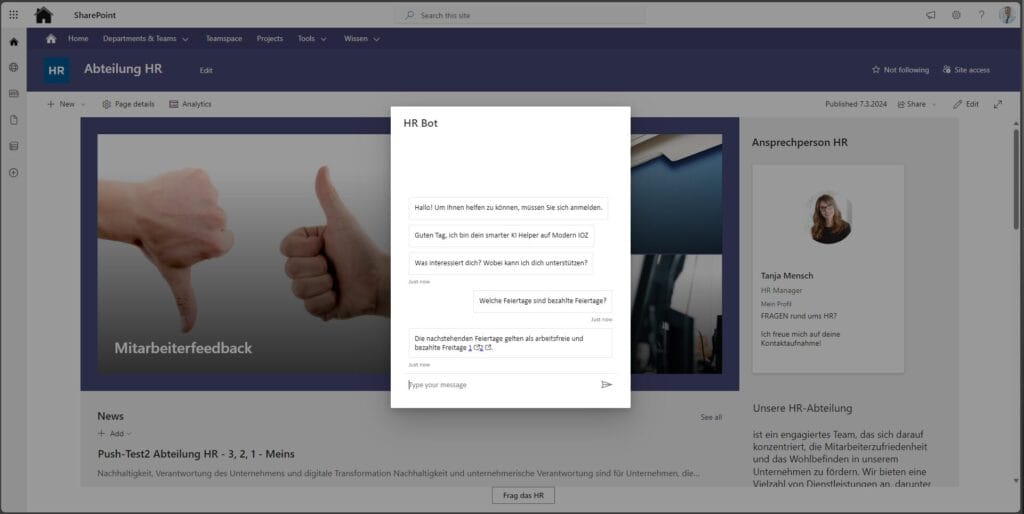 Screenshot aus SharePoint: Integration des Chatbots in SharePoint